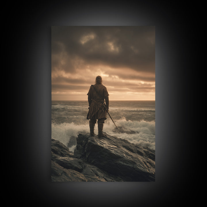 Lone Warrior On Stormy Shore Canvas Print, Moody Seascape Wall Art, Coastal Fantasy Decor, Masculine Bedroom Art Print Gift