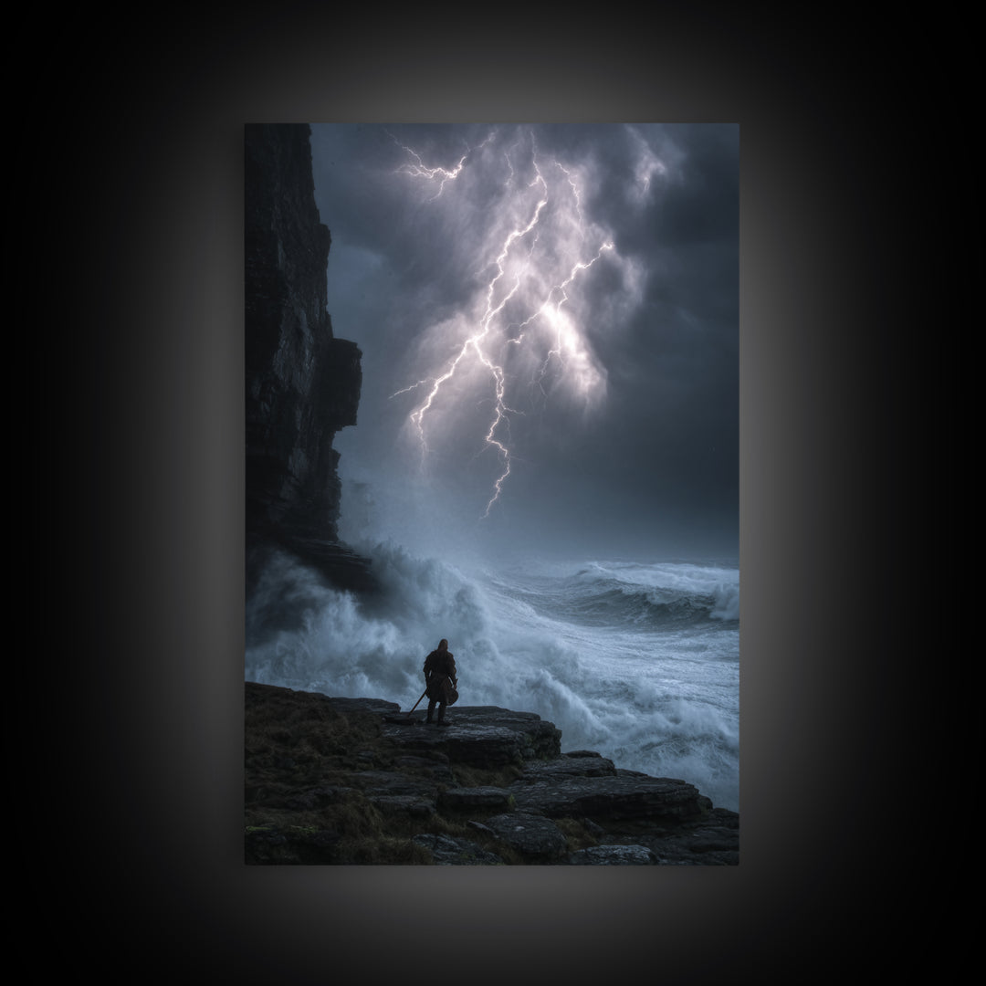 Lone Warrior Beneath Lightning Storm Framed Canvas Print, Dark Seascape Wall Art, Dramatic Fantasy Decor Print, Gift For Him