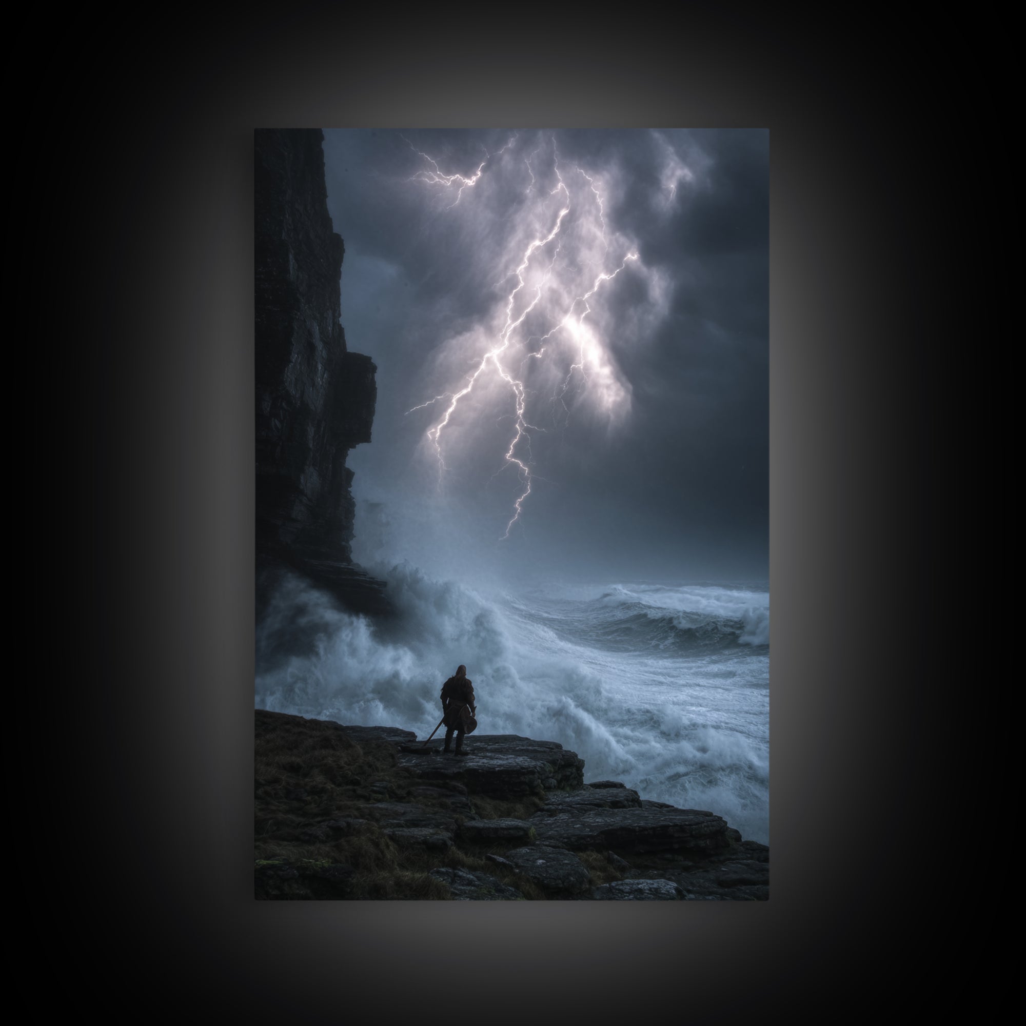 Lone Warrior Beneath Lightning Storm Framed Canvas Print, Dark Seascape Wall Art, Dramatic Fantasy Decor Print, Gift For Him