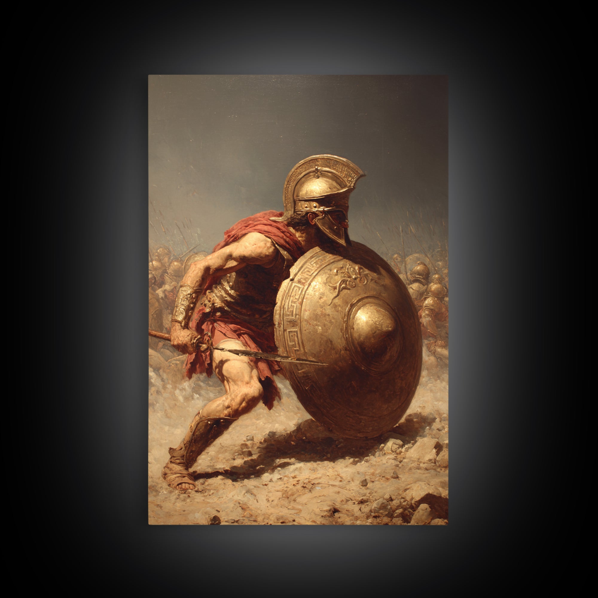 Ancient Greek Hoplite With Bronze Shield Wall Art, Spartan Warrior Canvas Print, Classical History Office Decor, Gift For Him