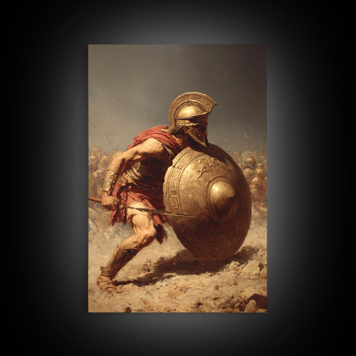 Ancient Greek Hoplite With Bronze Shield Wall Art, Spartan Warrior Canvas Print, Classical History Office Decor, Gift For Him