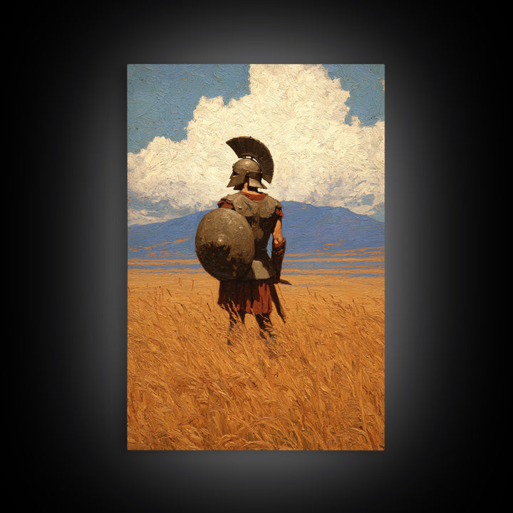 Spartan Warrior In Golden Field Canvas Print, Greek Hoplite Landscape Painting, Ancient History Wall Decor For Office Gift