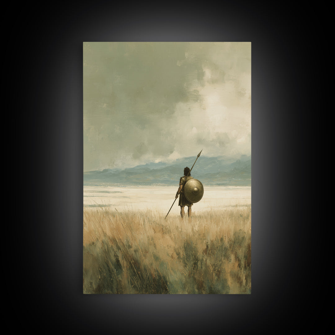 Solitary Spearman With Round Shield In Misty Field Wall Art, Ancient Warrior Canvas Print For Neutral Rustic Home Decor And Gift