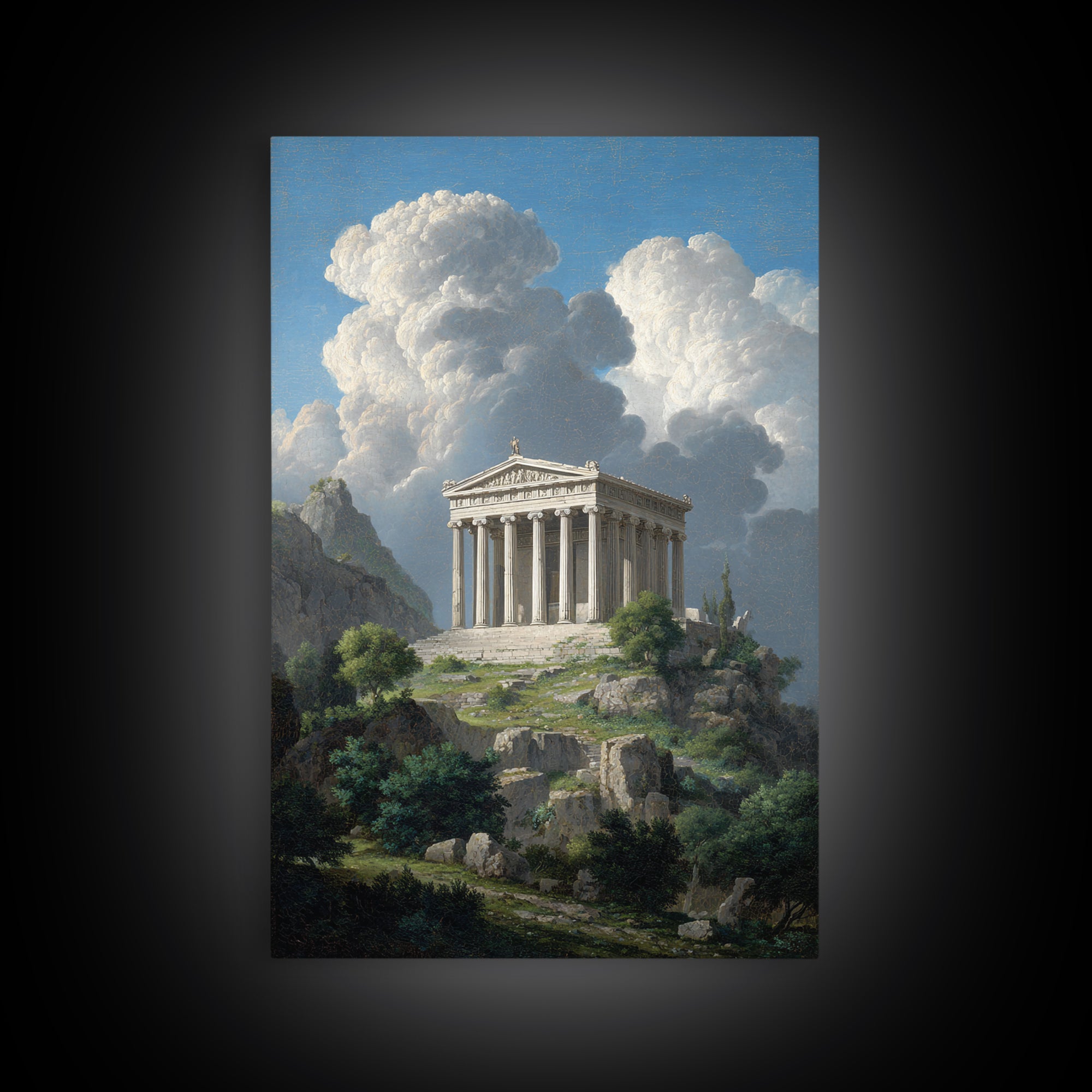 Ancient Greek Temple Under Towering Clouds Canvas Print, Classical Landscape Wall Art, Mediterranean Home Decor, Fine Art