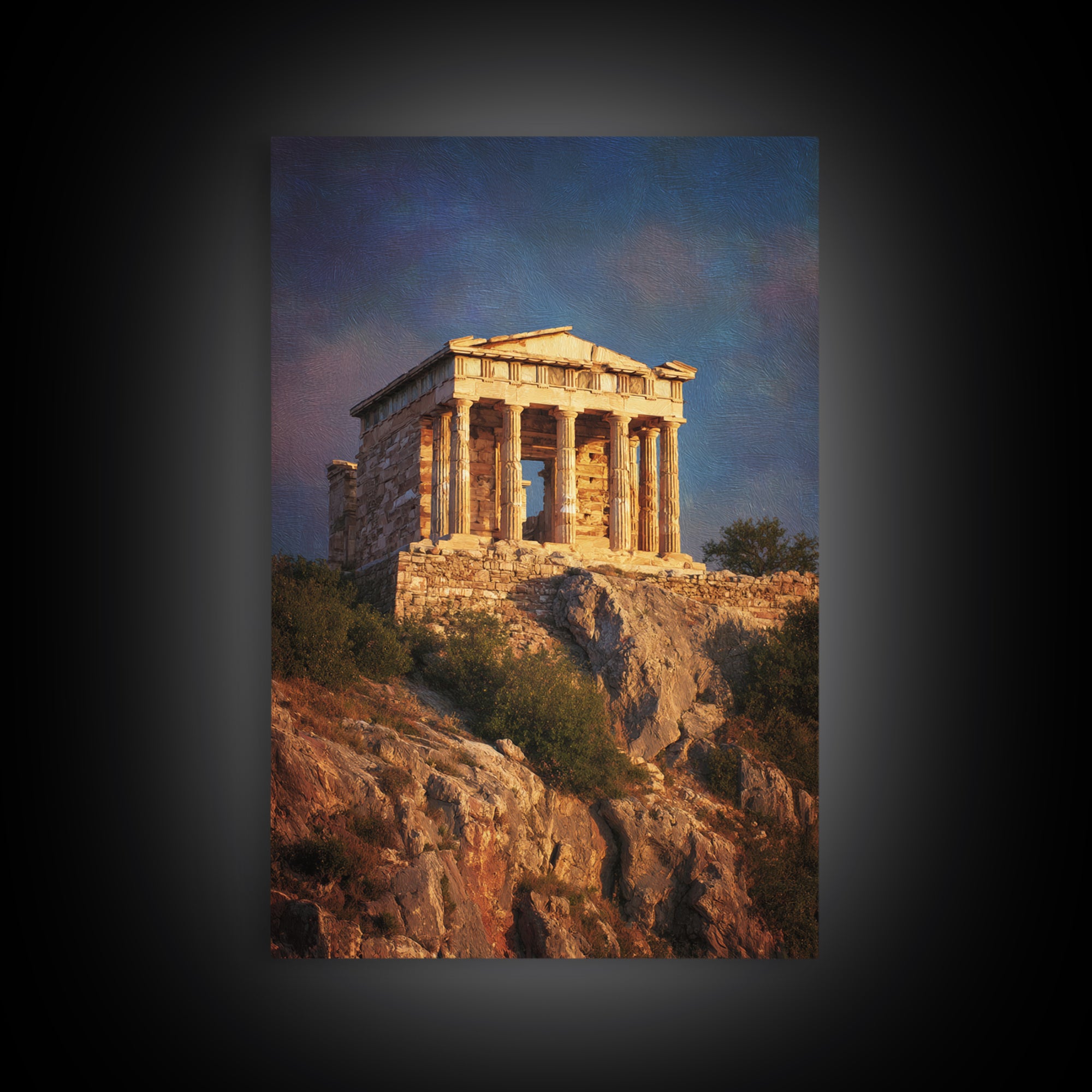 Golden Greek Temple On Rocky Hill Wall Art, Ancient Greece Landscape Painting, Mediterranean Decor, Travel Art Print, Gift For Him