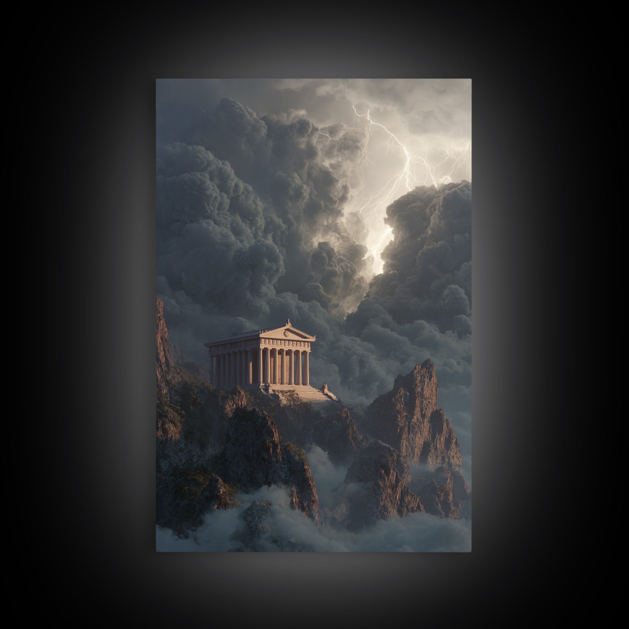 Ancient Greek Temple In Lightning Storm Framed Canvas Print, Mythological Wall Art, Dramatic Landscape Decor, Office Art