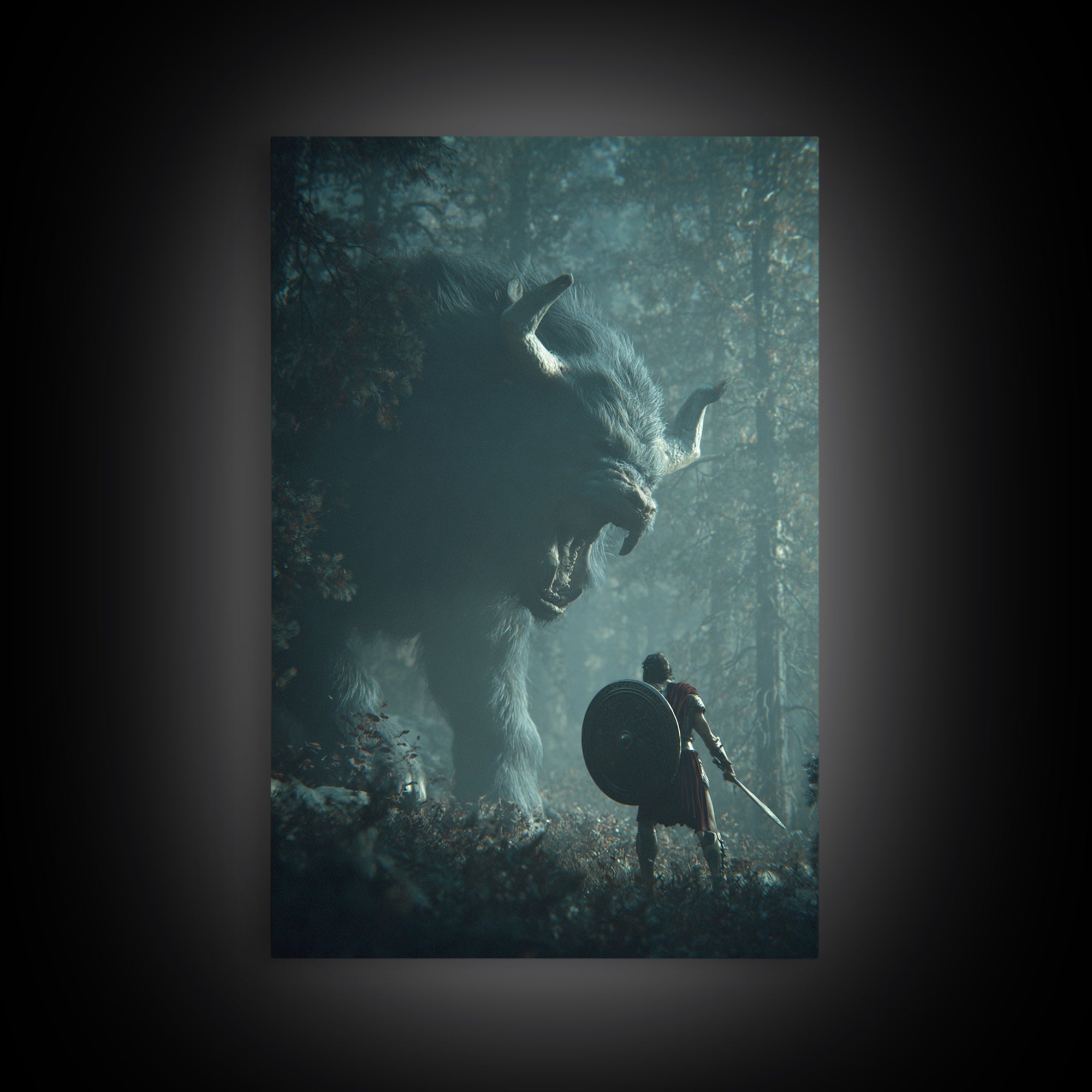 Warrior Facing Giant Wolf In Forest Wall Art, Dark Fantasy Canvas Print, Mythical Creature Decor, Gift For Gamer, Adventure Art