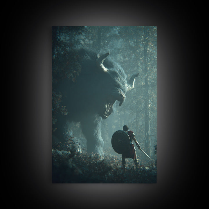 Warrior Facing Giant Wolf In Forest Wall Art, Dark Fantasy Canvas Print, Mythical Creature Decor, Gift For Gamer, Adventure Art