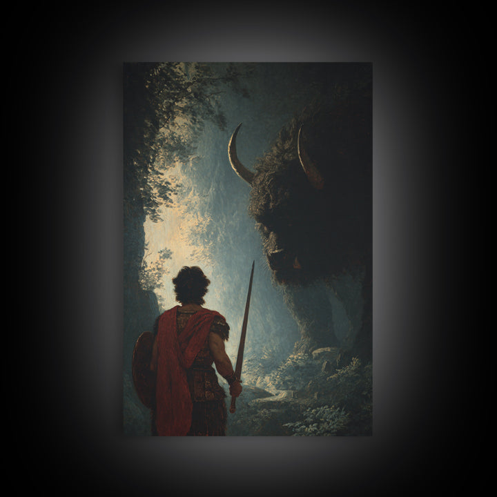 Warrior Facing Shadowed Minotaur Wall Art, Dark Fantasy Oil Painting, Mythological Art Print, Gothic Home Decor Gift For Him