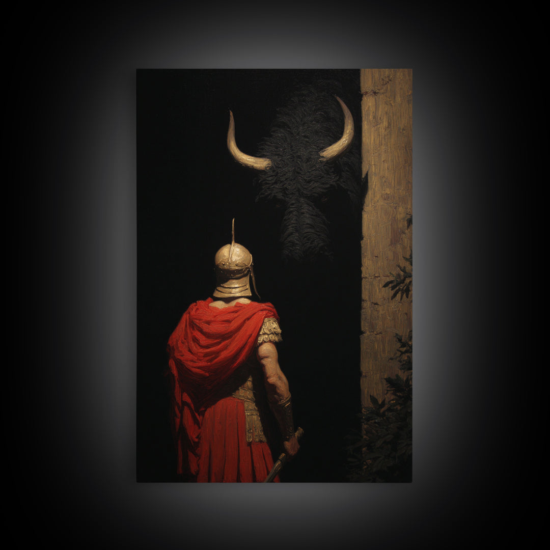 Roman Soldier Facing Shadowed Bull Framed Canvas Print, Mythological Art, Dark Academia Decor, Ancient Classical Wall Art
