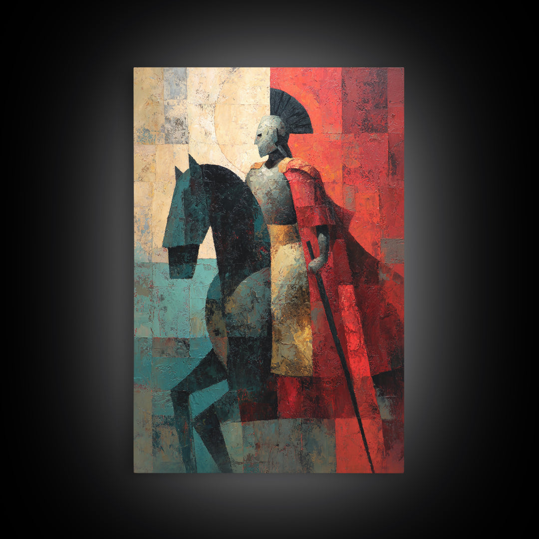 Abstract Roman Cavalry And Red Cloak Framed Canvas Print, Ancient Warrior Wall Decor, Modern Historical Art Print, Gift For Him