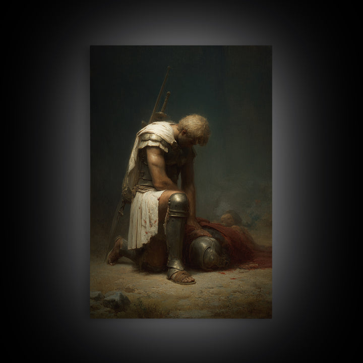 Kneeling Fallen Warrior Canvas Print, Dark Battle Wall Art, Classical Figurative Oil Painting, Moody Office Decor Gift For Him