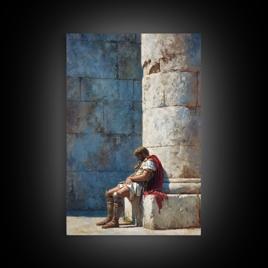 Resting Roman Soldier By Stone Column Wall Art, Ancient Classical Canvas Print, Historical Office Decor For Him, Housewarming Gift