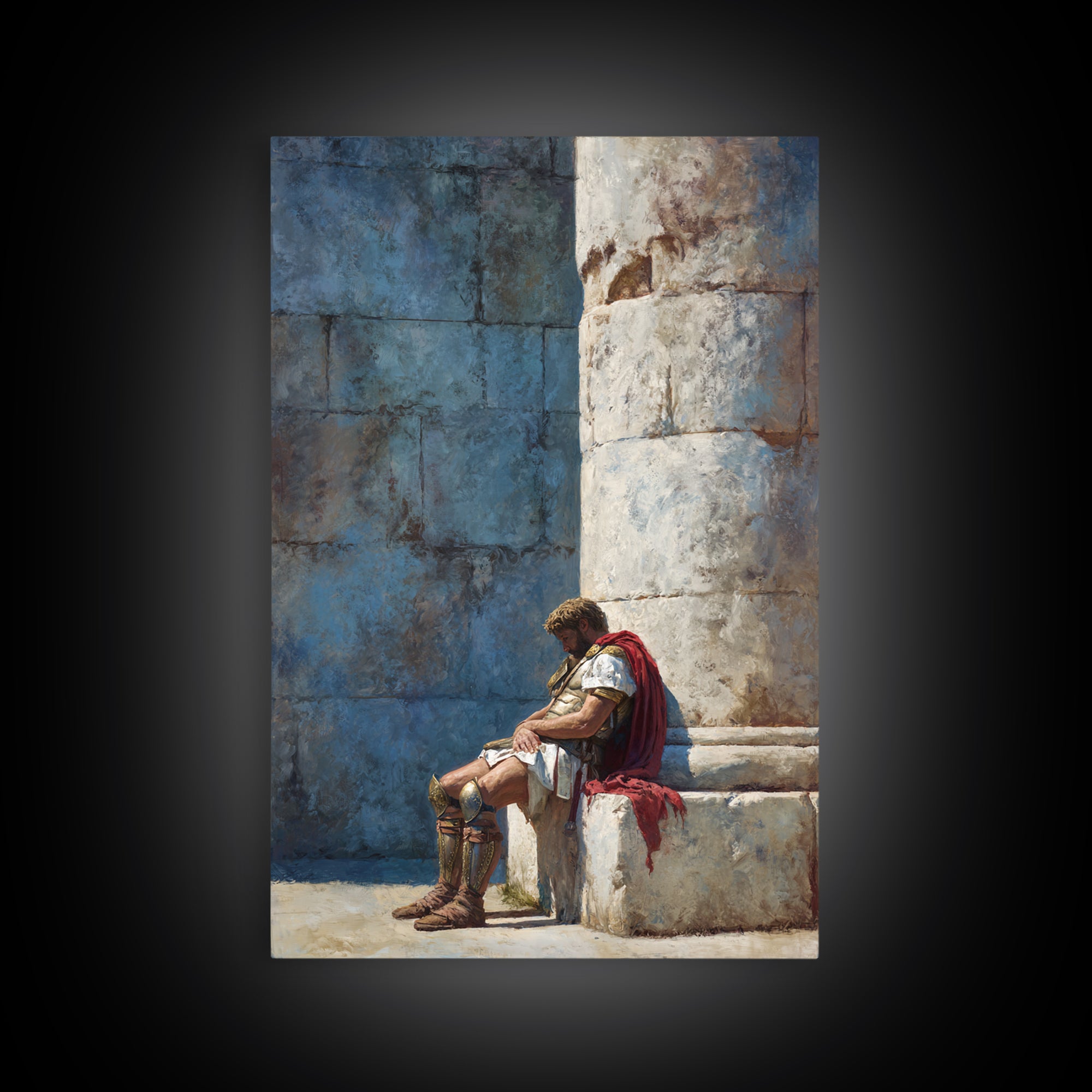 Resting Roman Soldier By Stone Column Wall Art, Ancient Classical Canvas Print, Historical Office Decor For Him, Housewarming Gift