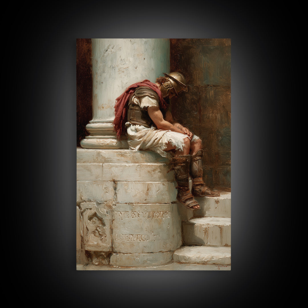 Sleeping Roman Soldier On Marble Steps Framed Canvas Print, Classical Wall Art, Ancient History Decor, Dark Academia Gift