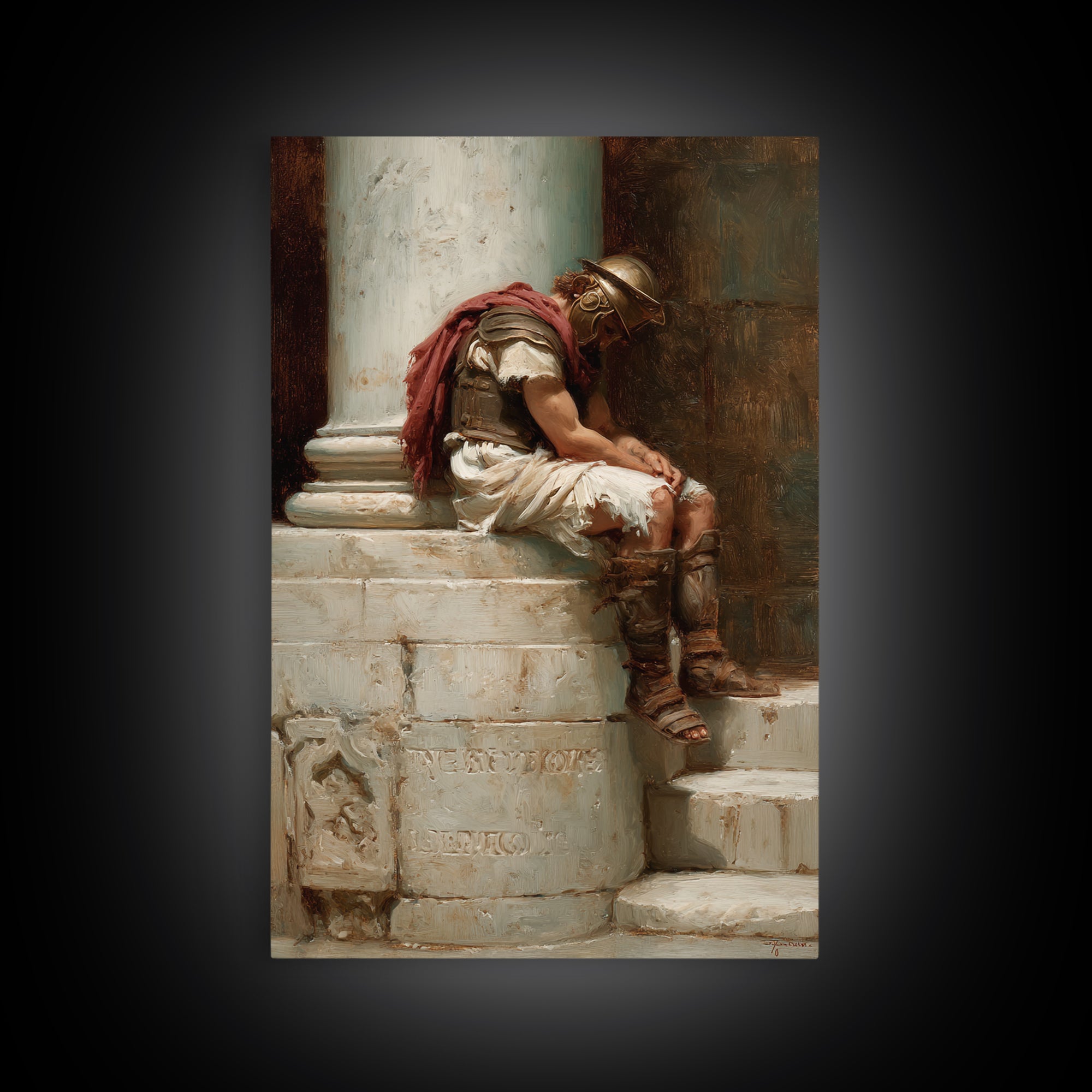 Sleeping Roman Soldier On Marble Steps Framed Canvas Print, Classical Wall Art, Ancient History Decor, Dark Academia Gift
