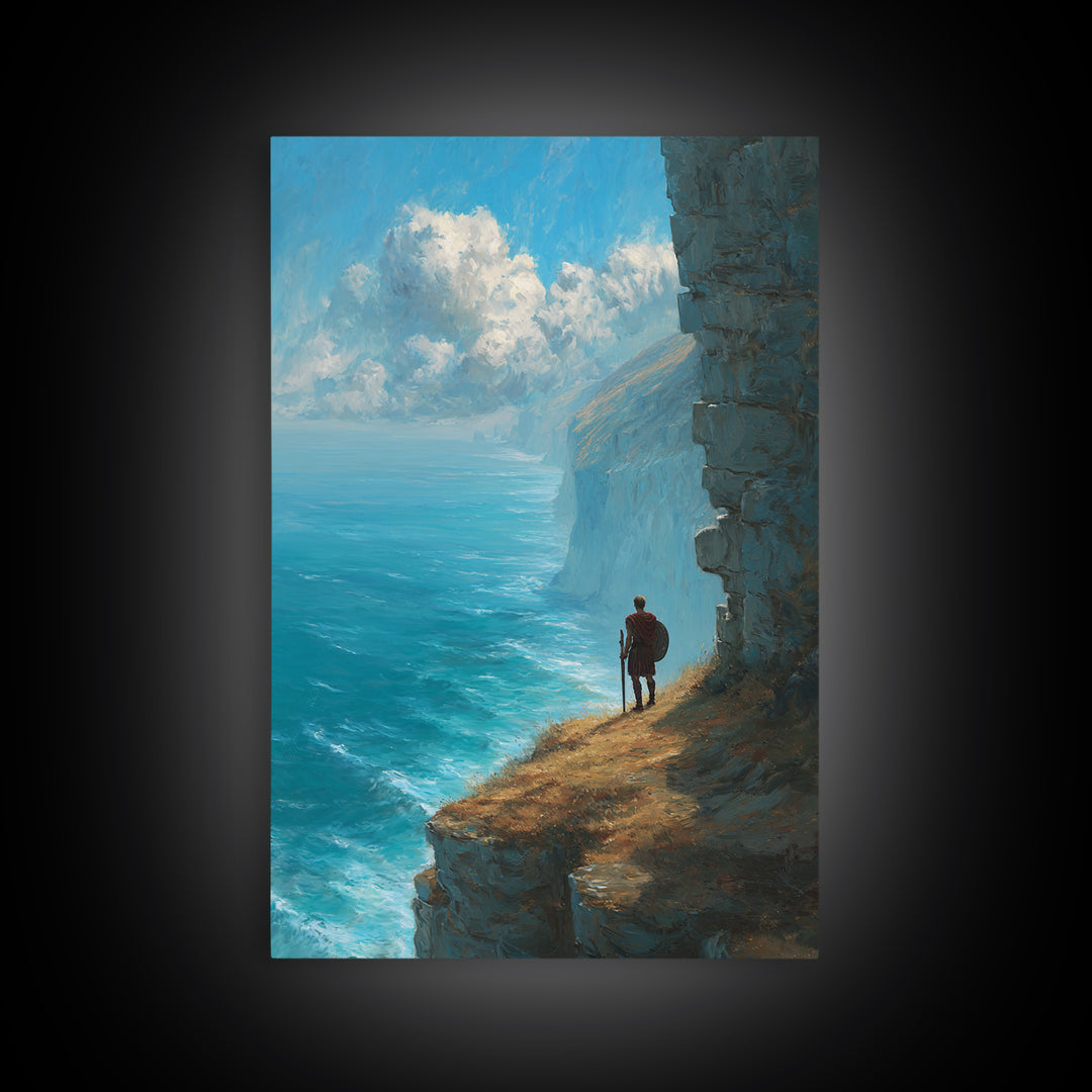 Epic Coastal Cliffside Warrior Painting Wall Art Canvas Print Dramatic Ocean View With Ancient Soldier For Home Decor
