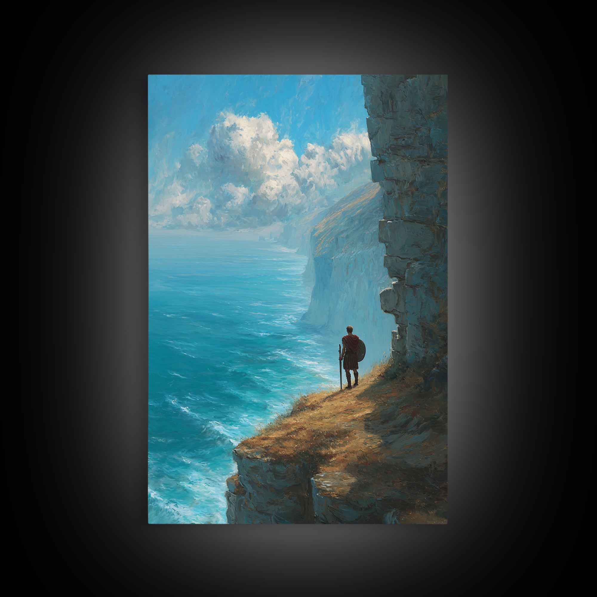 Epic Coastal Cliffside Warrior Painting Wall Art Canvas Print Dramatic Ocean View With Ancient Soldier For Home Decor