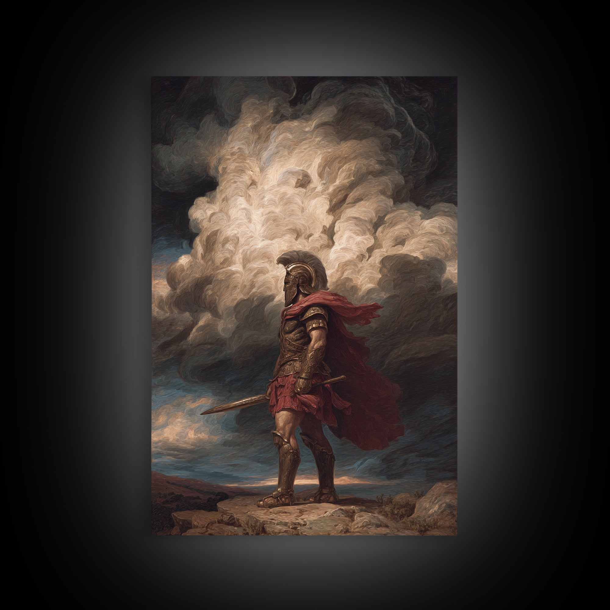 Roman Centurion Under Storm Clouds Framed Canvas Print, Classical Warrior Wall Art, Mythological Decor, Dramatic Office Art