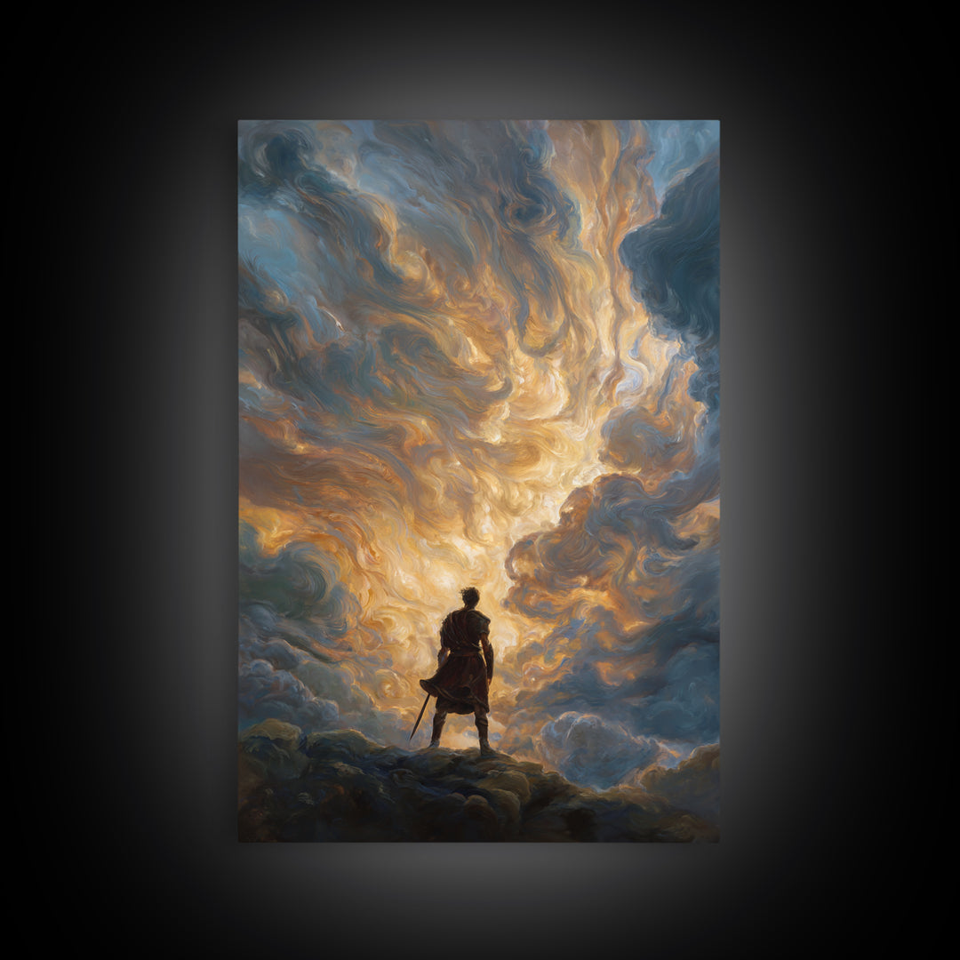 Lone Hero Beneath Golden Storm Clouds Wall Art, Epic Fantasy Canvas Print, Dramatic Sky Modern Living Room Decor, Office Decor