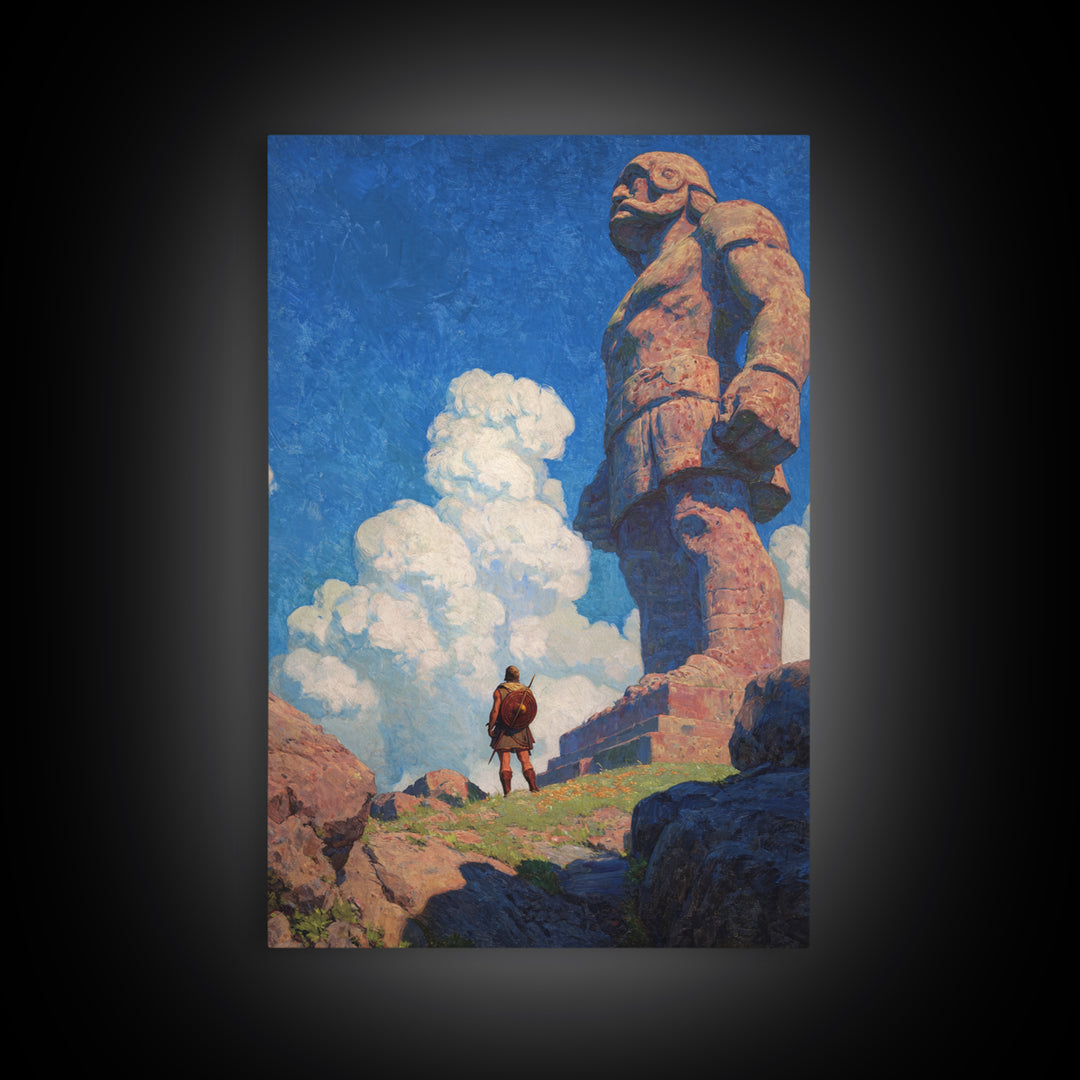 Tiny Warrior Beneath Colossal Stone Giant, Fantasy Wall Art, Mythical Landscape Print, Adventure Decor, Kids Room Art, Unique Gift