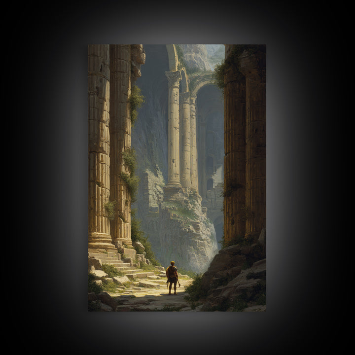 Lone Explorer In Monumental Ancient Ruins Wall Art, Fantasy Architecture Canvas, Classical Landscape Decor, Large Fine Art Print