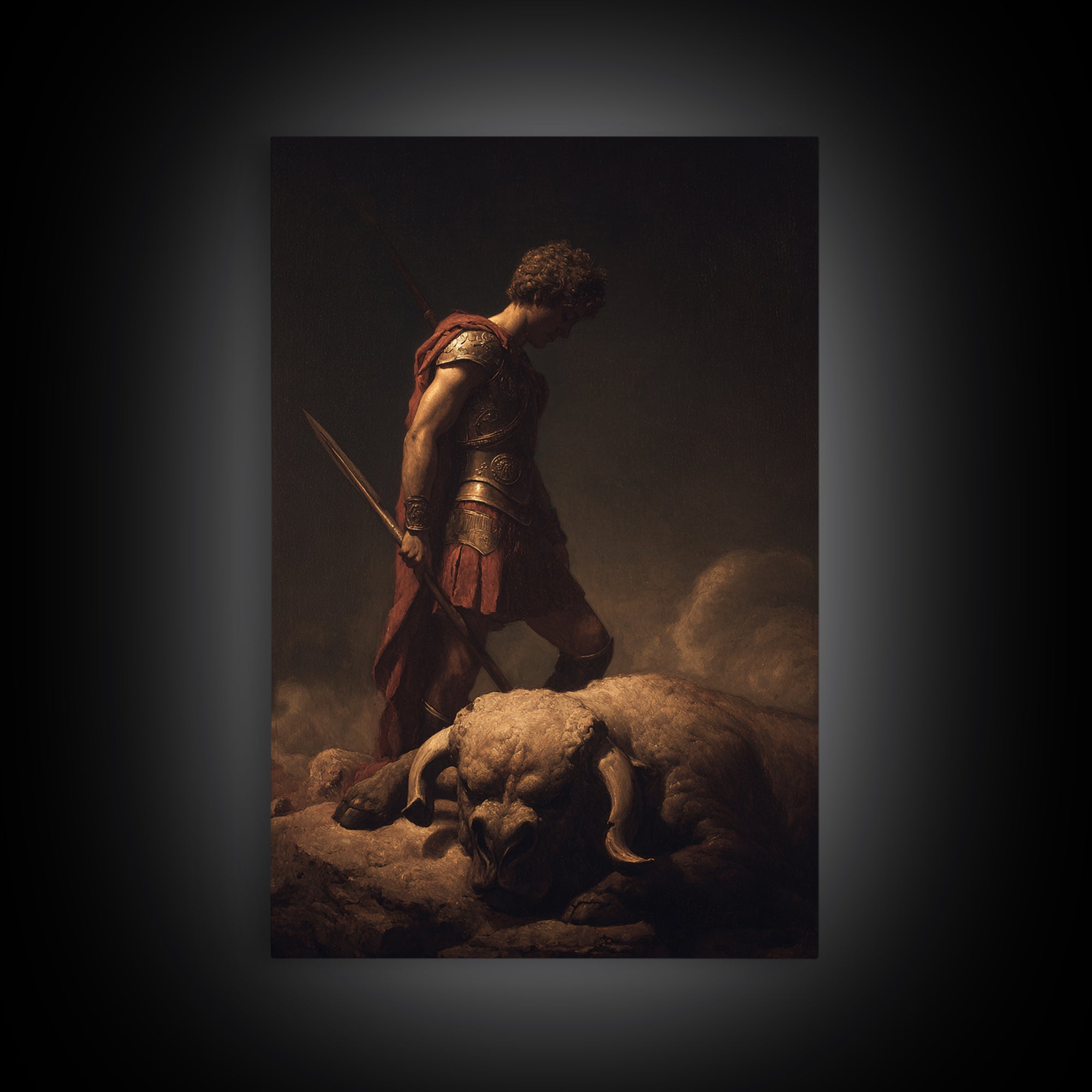 Heroic Warrior Standing Over Fallen Ram, Framed Canvas Print, Mythological Wall Art, Dark Fantasy Decor, Masculine Gift For Him