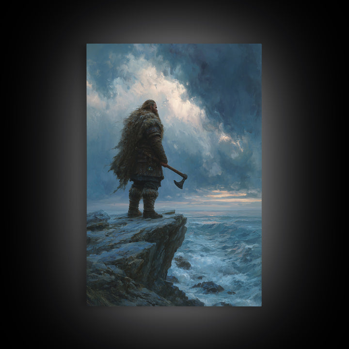 Viking Warrior On Stormy Ocean Cliff Wall Art, Norse Fantasy Canvas, Moody Seascape Print, Masculine Home Decor, Gift For Him