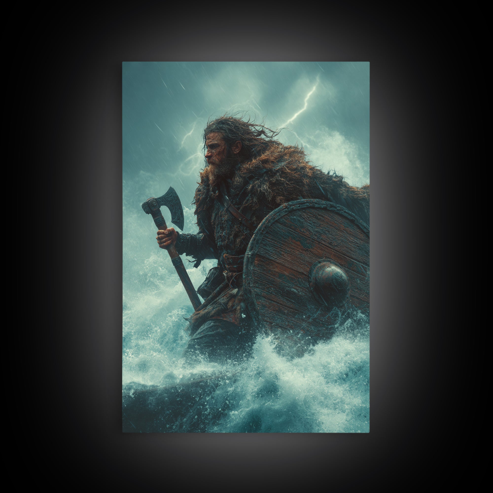 Stormy Viking Warrior With Axe, Norse Seascape Wall Art, Dark Fantasy Canvas Print, Masculine Decor, Gift For Him, Man Cave