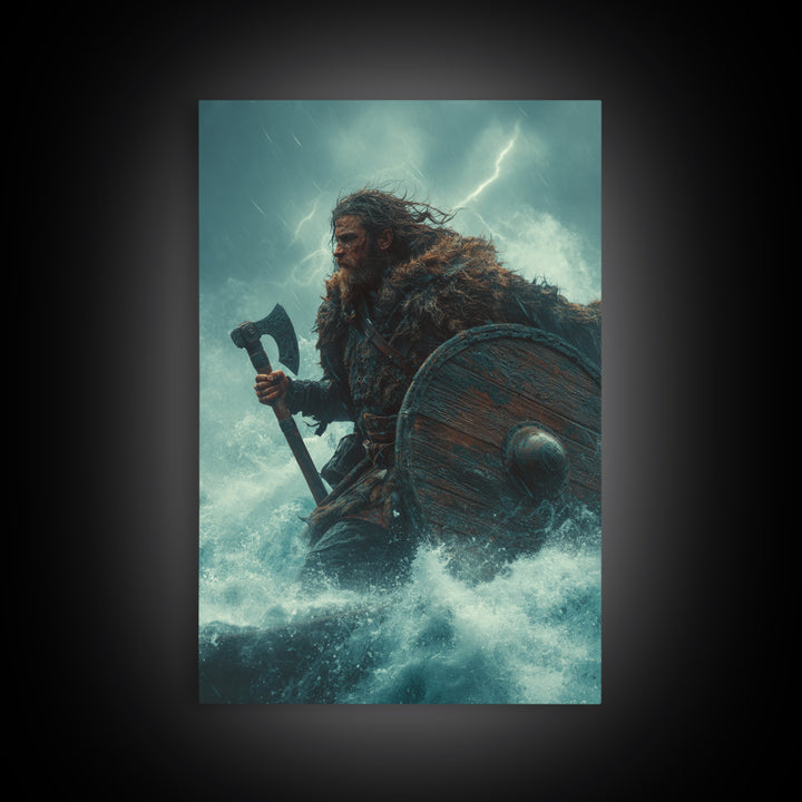 Stormy Viking Warrior With Axe, Norse Seascape Wall Art, Dark Fantasy Canvas Print, Masculine Decor, Gift For Him, Man Cave
