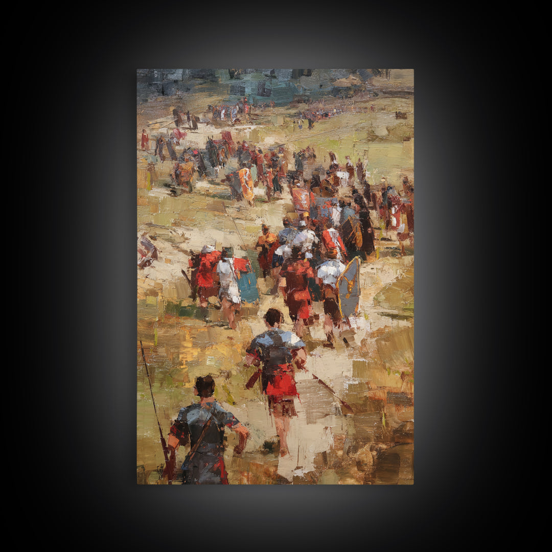 Roman Soldiers Marching Through Sunlit Camp Canvas Print, Impressionist Historical Wall Art, Classical Home Decor, Gift For Him