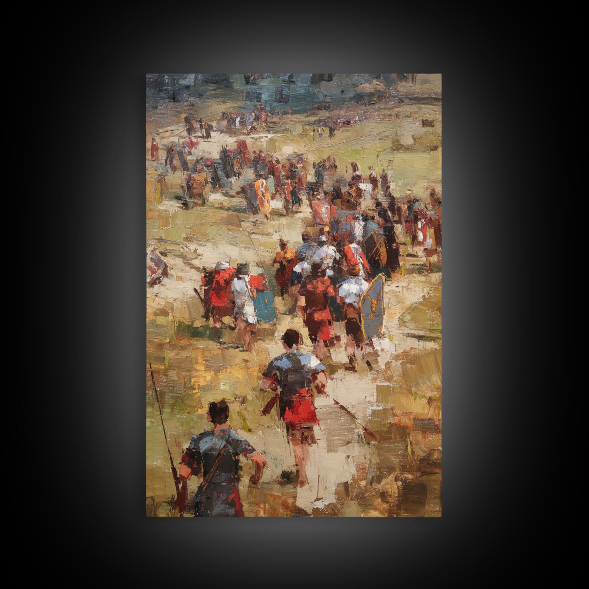 Roman Soldiers Marching Through Sunlit Camp Canvas Print, Impressionist Historical Wall Art, Classical Home Decor, Gift For Him