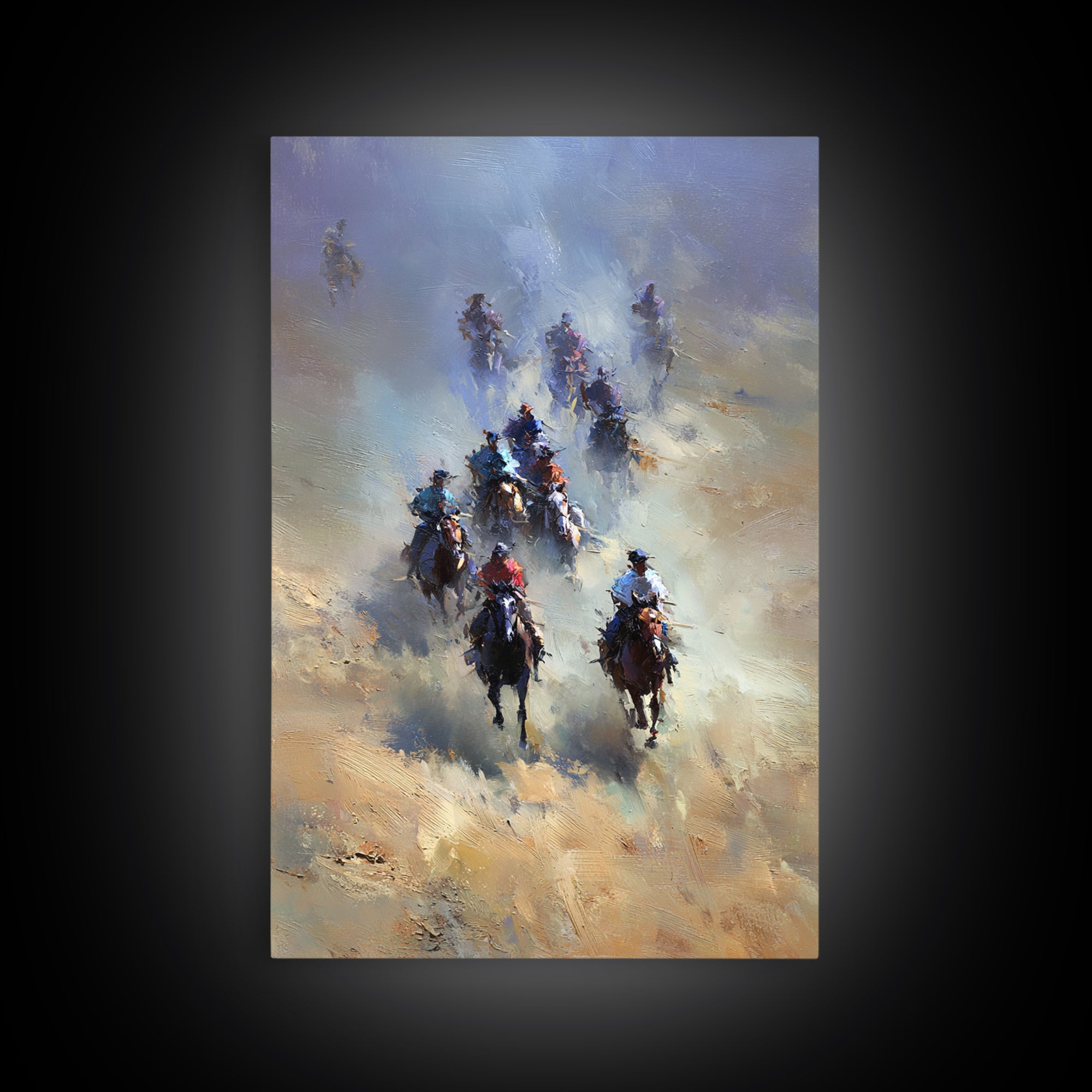 Galloping Cowboys In Dusty Desert Wall Art, Western Horse Racing Painting, Rustic Ranch Decor, Gift For Horse Lover, Living Room Art