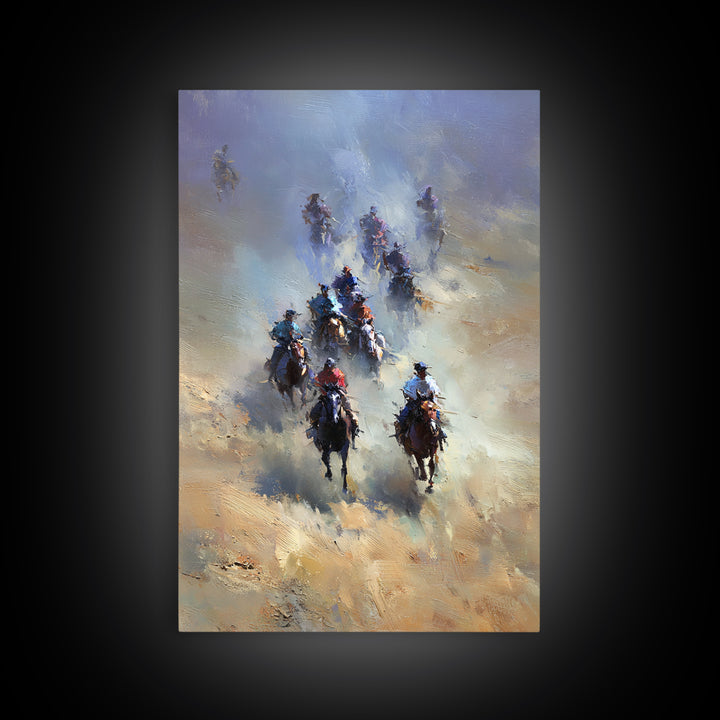 Galloping Cowboys In Dusty Desert Wall Art, Western Horse Racing Painting, Rustic Ranch Decor, Gift For Horse Lover, Living Room Art