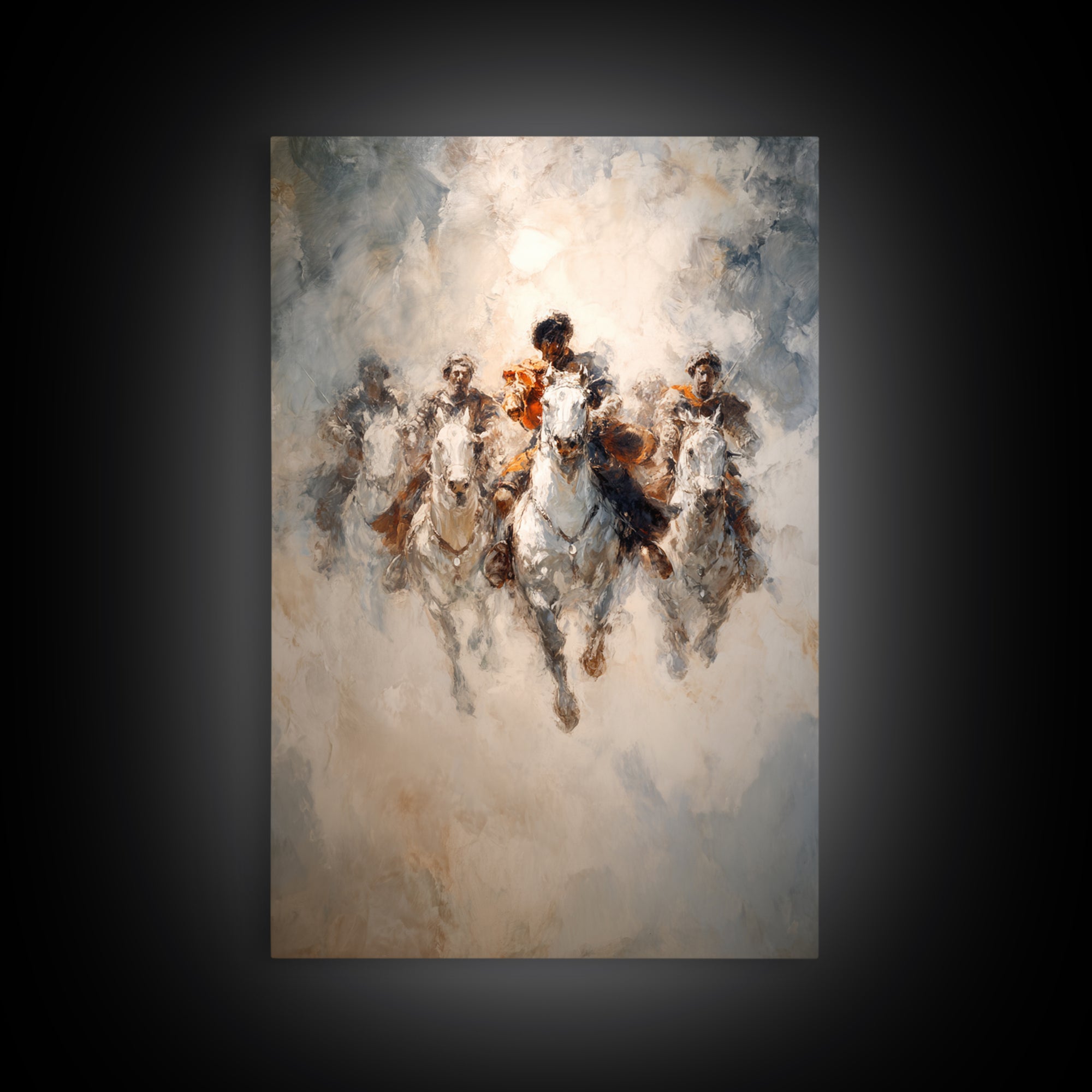 White Horses Charging Through Mist Canvas Print, Abstract Equine Painting, Equestrian Wall Art, Modern Farmhouse Decor Gift