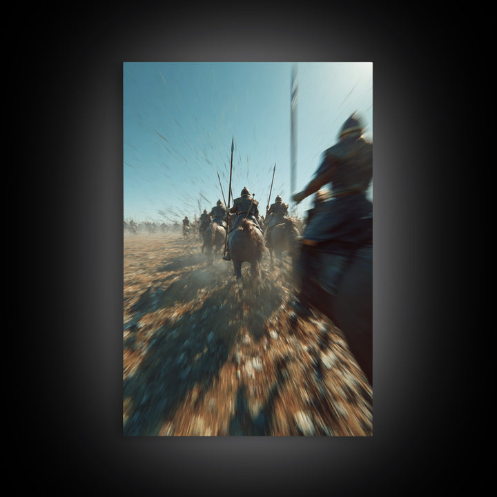 Ancient Cavalry Charge Across Dusty Battlefield Canvas Print, Epic Battle Wall Art, Horse Racing Decor, Masculine Art Gift For Him