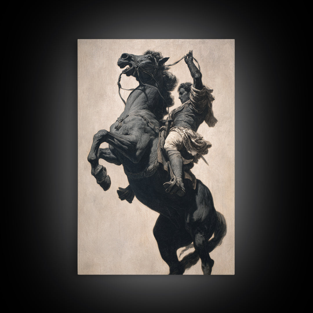 Rearing Black Horse And Rider Framed Canvas Print, Dramatic Equestrian Wall Art, Western Decor, Horse Lover Gift For Ranch Home