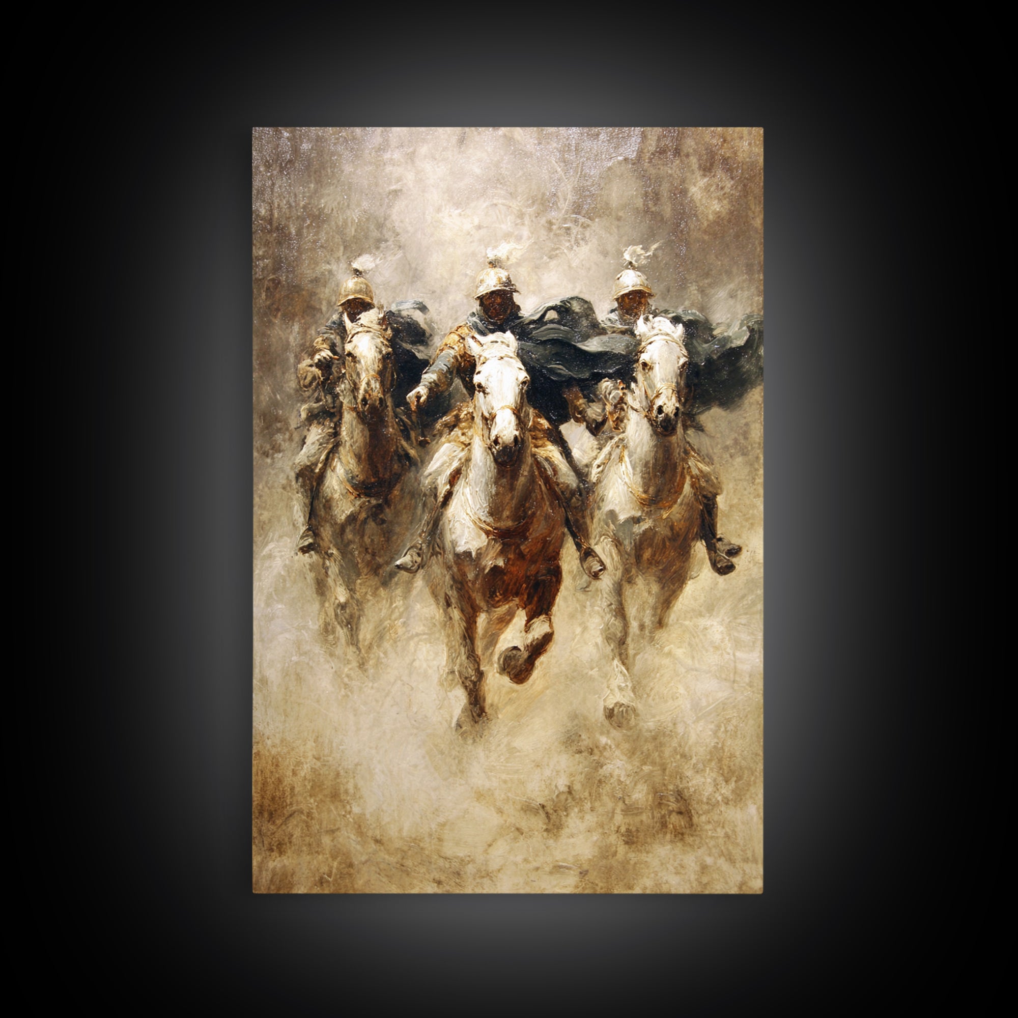 Charging Medieval Cavalry Riders Wall Art, Dramatic Horse Battle Canvas Print, Rustic Fantasy Decor, Large Living Room Decor