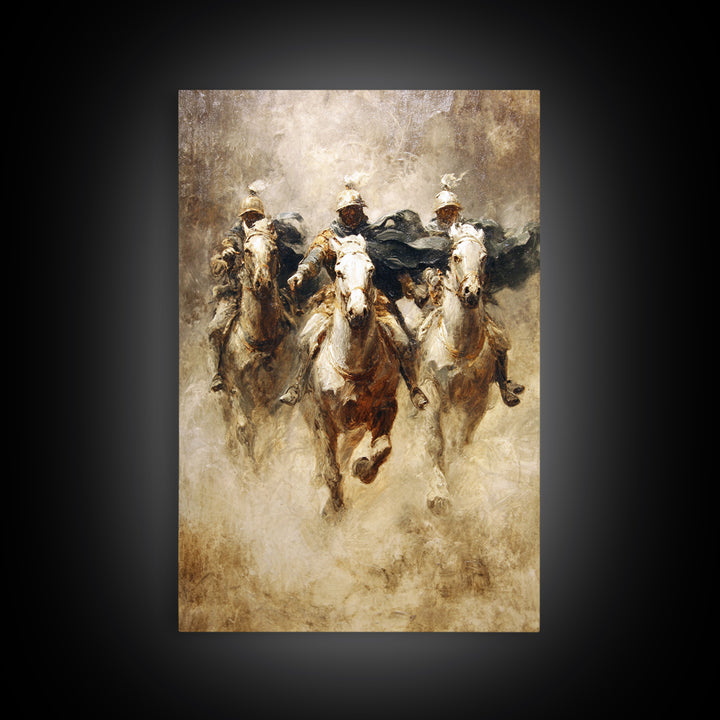 Charging Medieval Cavalry Riders Wall Art, Dramatic Horse Battle Canvas Print, Rustic Fantasy Decor, Large Living Room Decor
