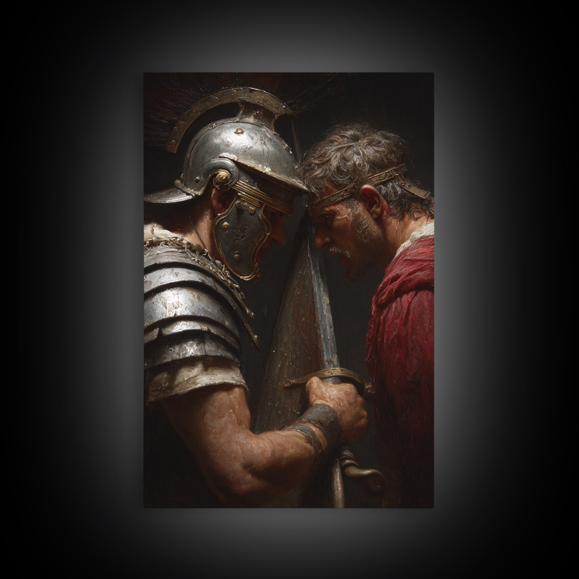 Roman Gladiator Face Off With Sword Wall Art, Intense Ancient Duel Canvas Print, Dark Masculine Office Decor, Gift For Him