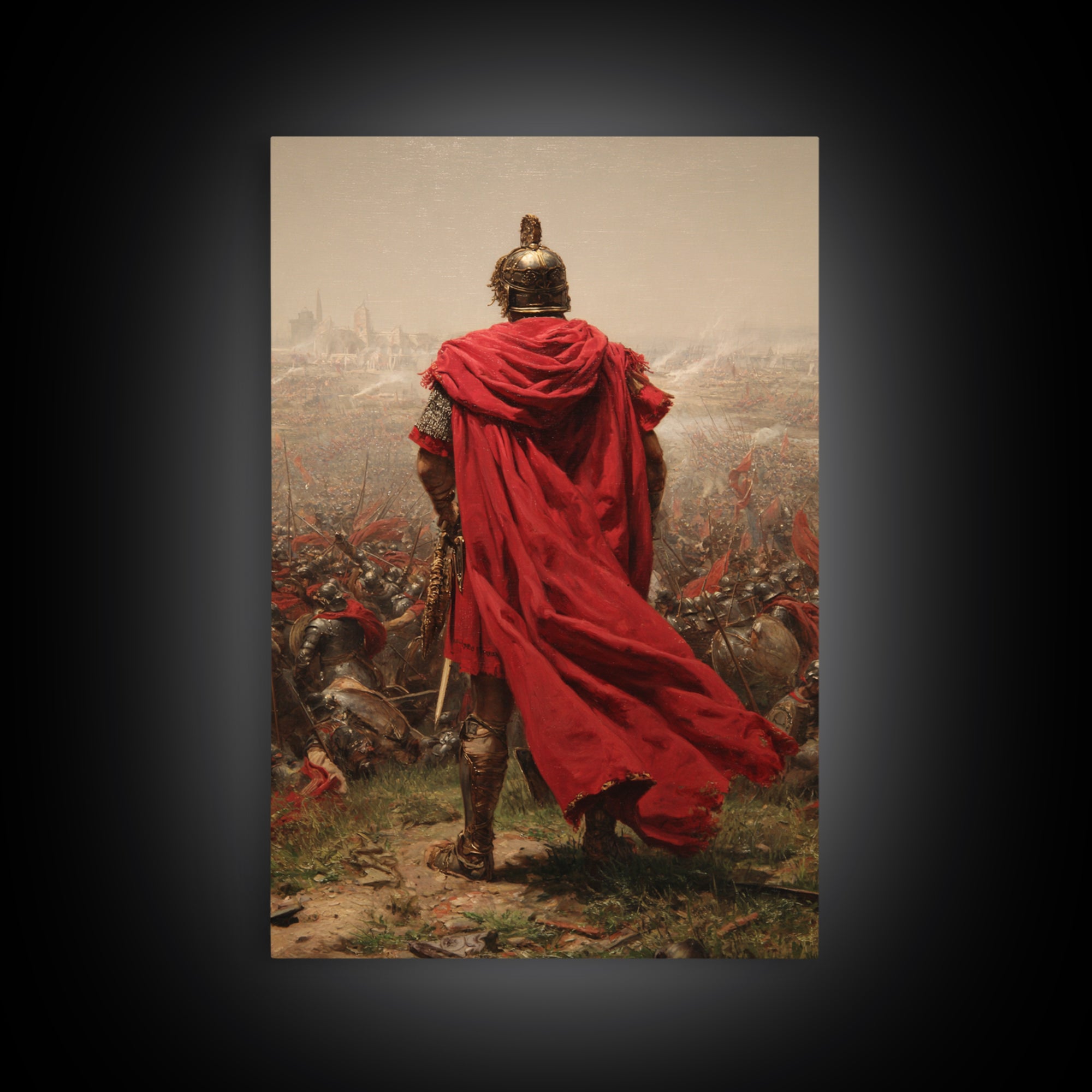 Roman General Red Cloak Wall Art, Epic Battlefield Oil Painting, Ancient Warrior Canvas Decor For Masculine Office Gift Idea