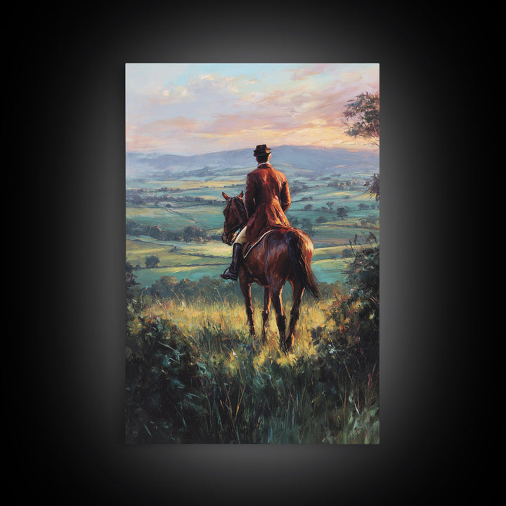 Rider On Horse Over Rolling Countryside Canvas Print, Equestrian Wall Art, Country Landscape Painting, Rustic Home Decor