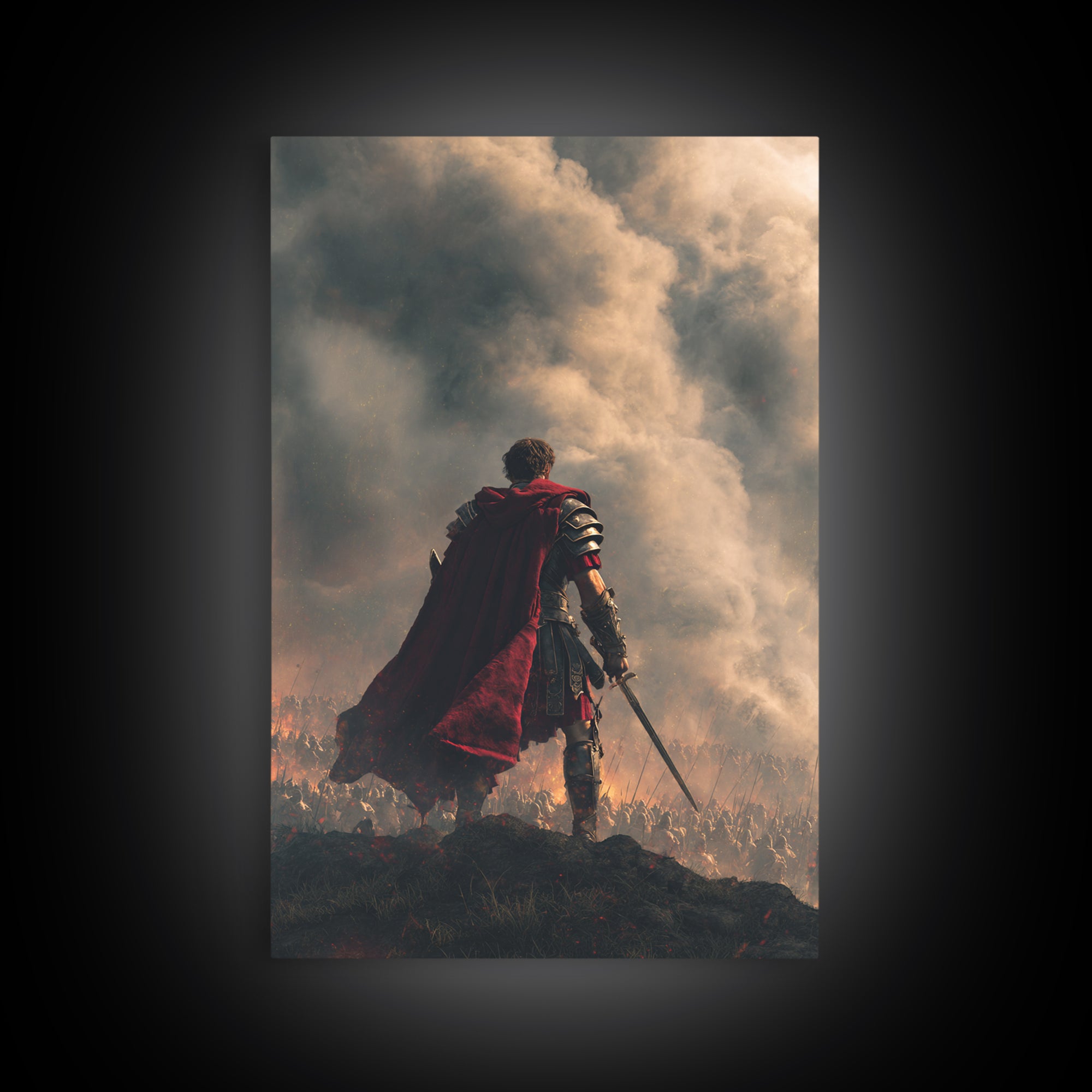 Roman Commander Over Burning Battlefield Framed Canvas Print, Ancient Warrior Wall Art, Dramatic History Decor, Gift For Him