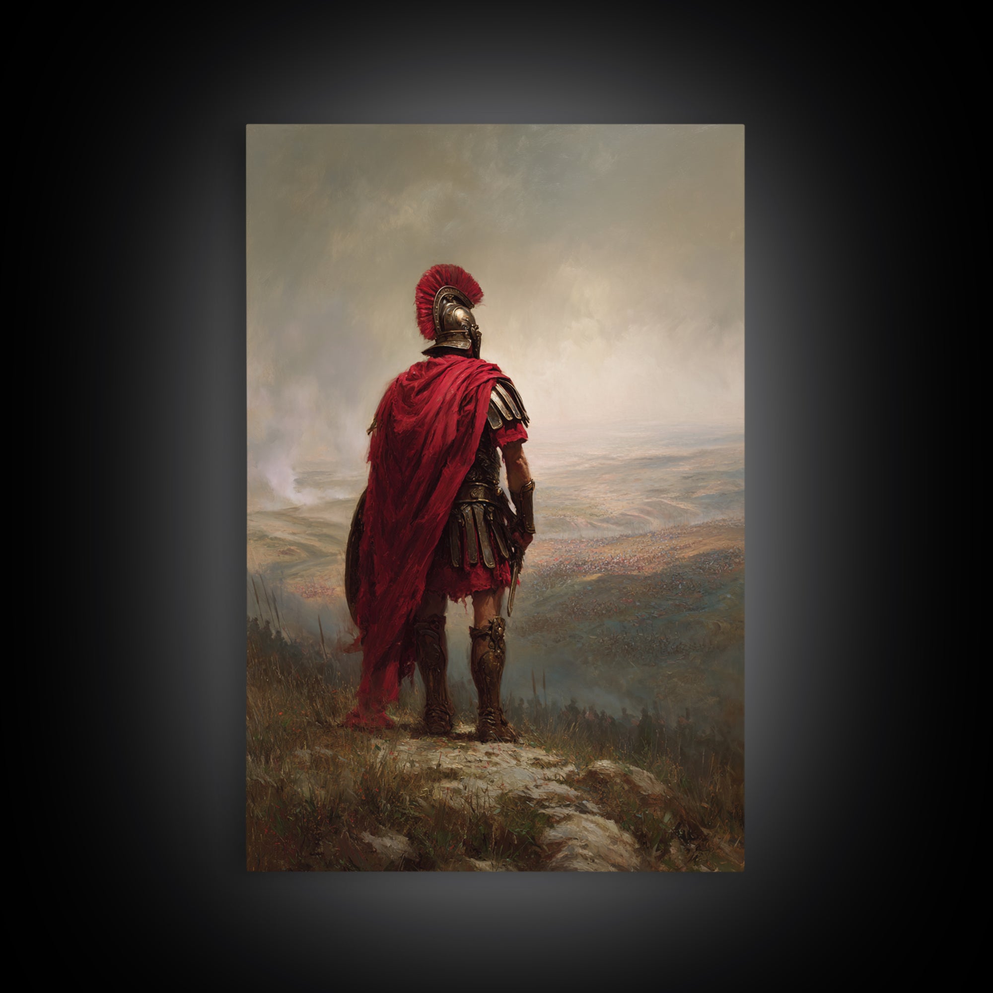 Roman Centurion In Red Cloak Overlooking Battlefield Wall Art, Ancient Warrior Canvas Print For Office Decor And Gift For Him
