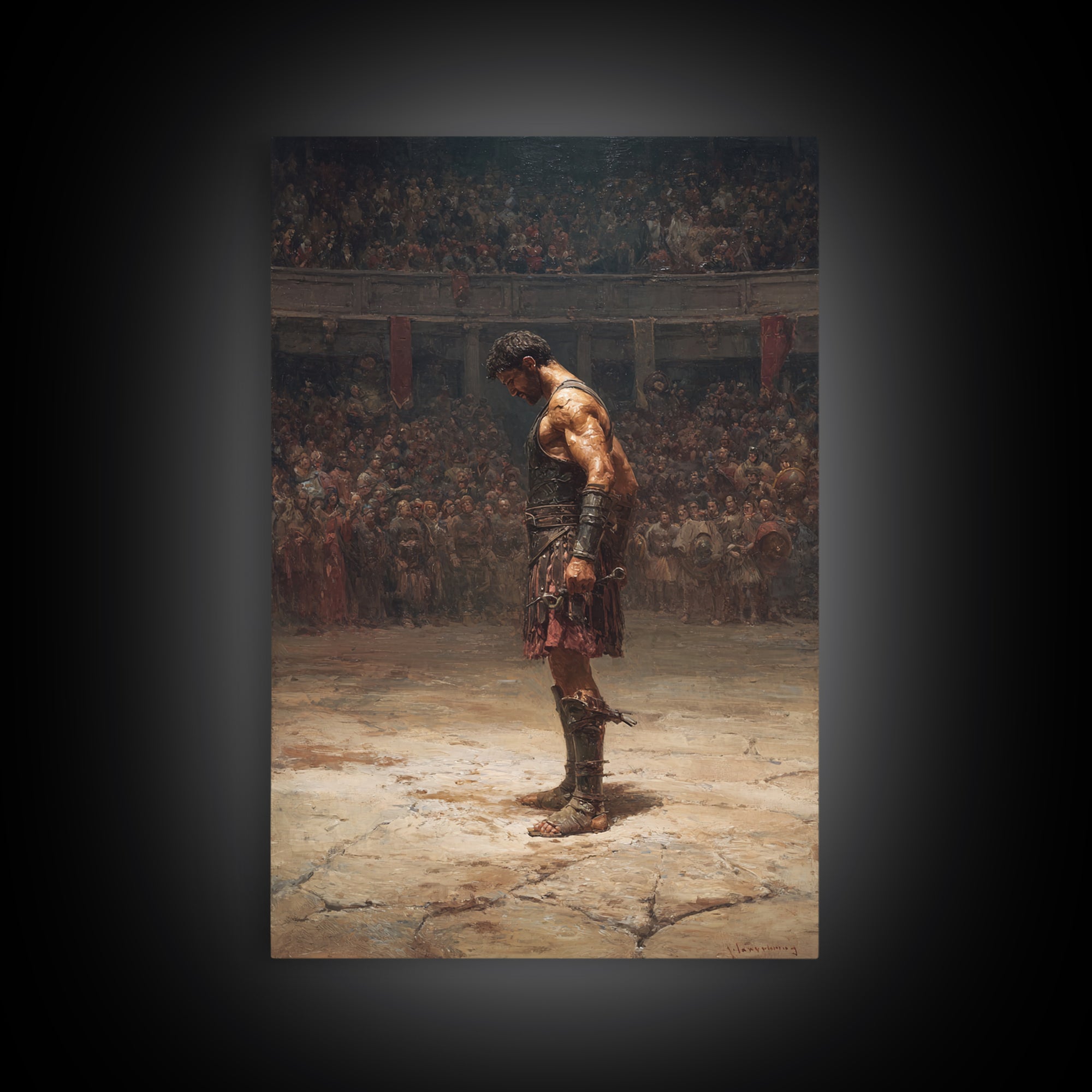 Gladiator In Arena Framed Canvas Print, Roman Warrior Oil Painting, Ancient History Wall Decor And Masculine Office Art Gift