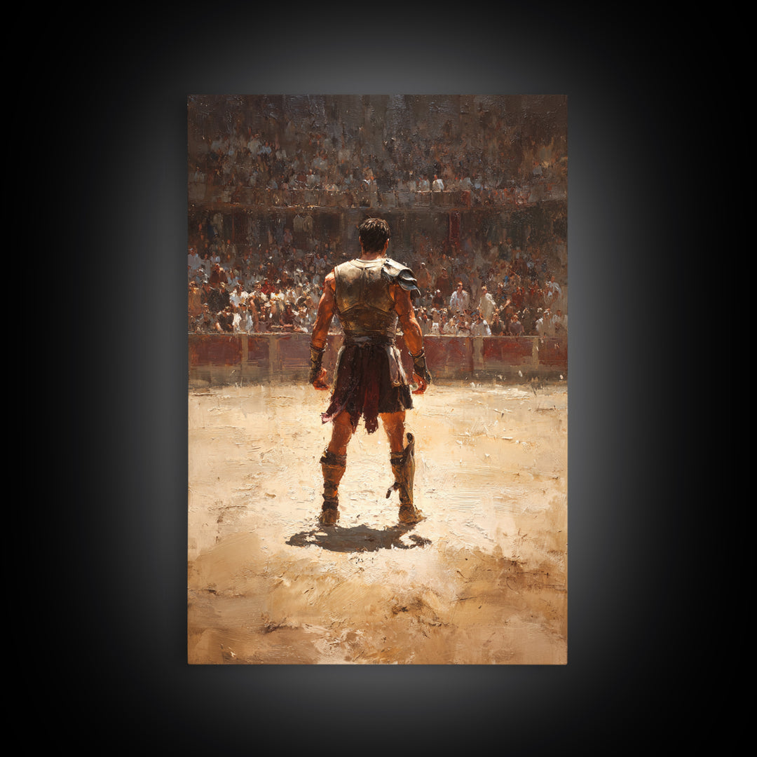 Gladiator Standing In Sunlit Ancient Arena Wall Art, Roman Warrior Canvas Print For Man Cave Decor And Masculine Office Art