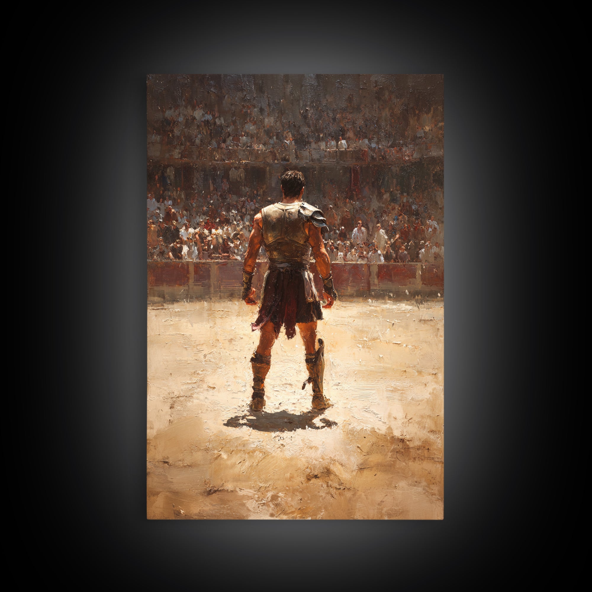 Gladiator Standing In Sunlit Ancient Arena Wall Art, Roman Warrior Canvas Print For Man Cave Decor And Masculine Office Art