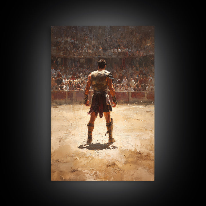 Gladiator Standing In Sunlit Ancient Arena Wall Art, Roman Warrior Canvas Print For Man Cave Decor And Masculine Office Art