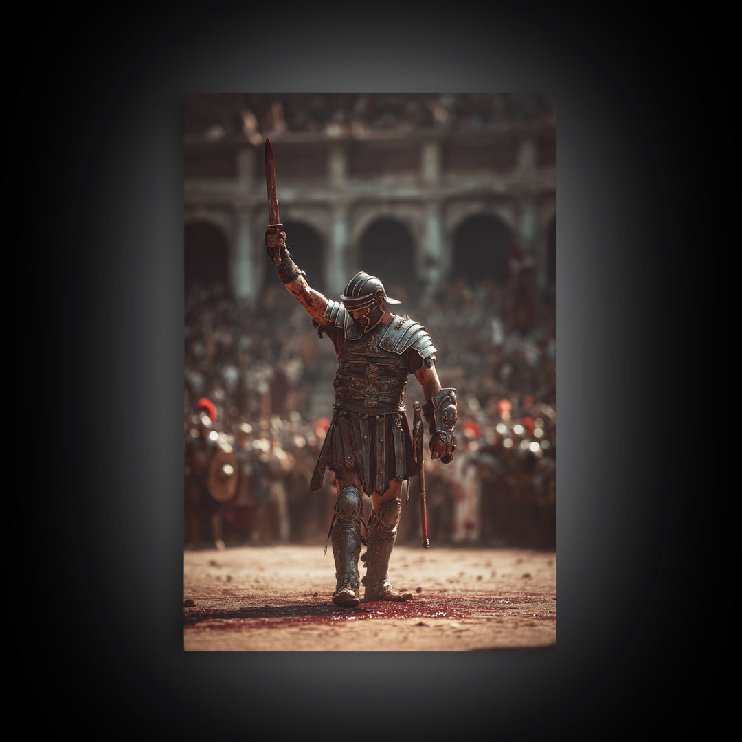 Triumphant Gladiator In Ancient Arena Wall Art, Roman Warrior Canvas Print, Masculine Office Decor, History Lover Gift For Him