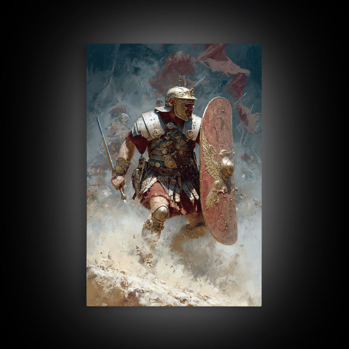 Roman Legionary Charging Into Battle Framed Canvas Print, Ancient Warrior Wall Art, Historical Decor, Masculine Office Art